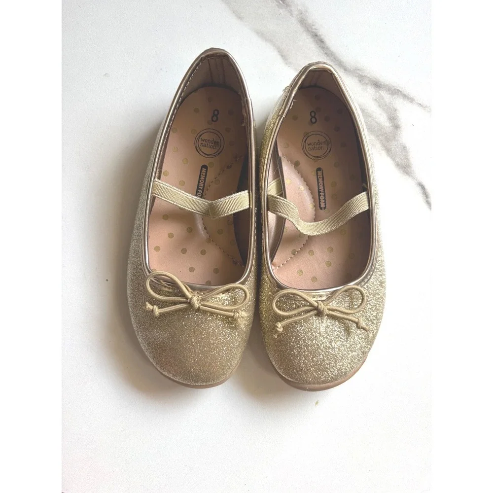 Wonder Nation Toddler Girls Gold Glitter Ballet Flats Memory Foam Shoes Size 8